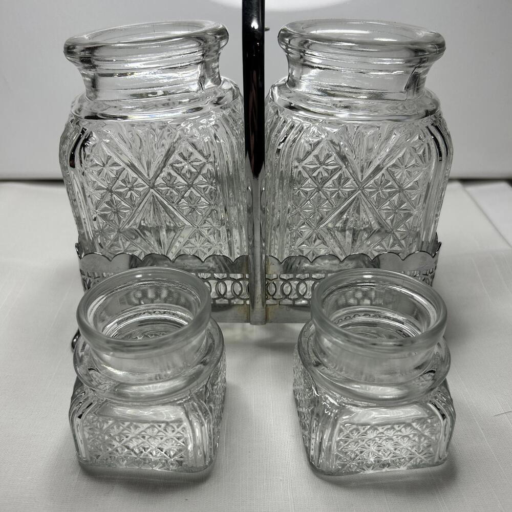Vintage Pressed‎ Glass Condiment Set Silver Tone Caddy 4 Piece